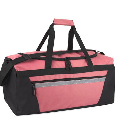 40 Liter 22 Inch Duffle Bag with Front Accessory Pocket, Velcro Handles, Dual Zipper Closure and Luggage Strap for Traveling, Commuting, Sports and Gym Equipment in Pink & Black